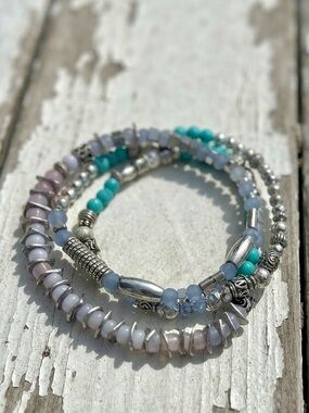Pastel Beaded Multi-Strand Wrap Bracelet — Blue & Turquoise